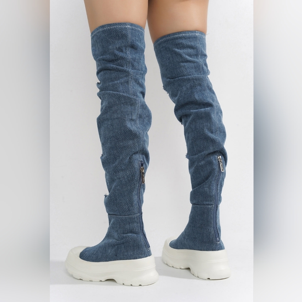 Cape Robbin Distressed Denim Blue Over-the-Knee Sock Boots with White Platform - Picture 6 of 12